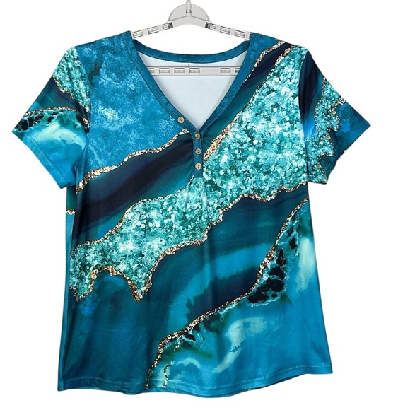 Beach Ocean Blue Top Marbled V Neck Short sleeve Women Turquoise Teal Plus 2XL - Picture 3 of 16